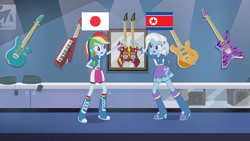 Size: 1280x720 | Tagged: safe, derpibooru import, edit, edited screencap, screencap, rainbow dash, trixie, equestria girls, guitar centered, double neck guitar, eqg flag-tag meme, japan, north korea, north korean flag