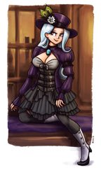 Size: 924x1600 | Tagged: safe, artist:king-kakapo, derpibooru import, trixie, human, boots, breasts, cleavage, clothes, corset, female, hat, high heel boots, humanized, shoes, skirt, smiling, socks, solo, steampunk, stockings, thigh highs, titsie