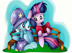 Size: 1038x770 | Tagged: safe, artist:laliiyeaah, derpibooru import, trixie, twilight sparkle, blushing, book, diary, female, lesbian, shipping, twixie