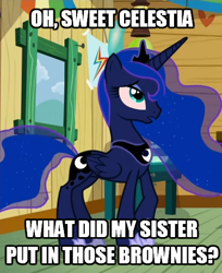 Size: 440x540 | Tagged: safe, edit, screencap, princess luna, alicorn, pony, bloom and gloom, drugs, high, image macro, meme, red eyes, stoned