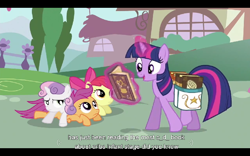 Size: 768x480 | Tagged: safe, derpibooru import, screencap, apple bloom, scootaloo, sweetie belle, twilight sparkle, hearts and hooves day (episode), hearts and hooves day, youtube caption