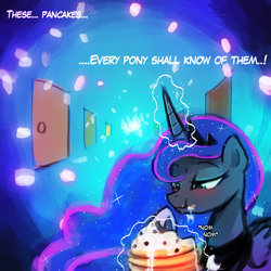 Size: 750x750 | Tagged: dead source, safe, artist:lumineko, princess luna, alicorn, pony, bloom and gloom, :t, bedroom eyes, blushing, dialogue, dream walker luna, eating, female, levitation, magic, mare, messy eating, nom, pancakes, smiling, solo, telekinesis, whipped cream