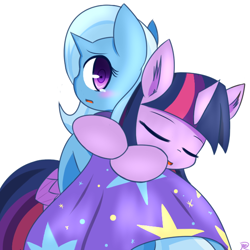 Size: 652x652 | Tagged: safe, artist:ranban, derpibooru import, trixie, twilight sparkle, twilight sparkle (alicorn), alicorn, pony, blushing, female, hug, lesbian, mare, shipping, twixie