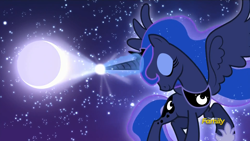 Size: 1920x1080 | Tagged: safe, screencap, princess luna, alicorn, pony, bloom and gloom, dream walker luna, eyes closed, magic, moon, moon work, smiling, solo