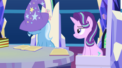 Size: 1920x1080 | Tagged: safe, artist:agrol, derpibooru import, starlight glimmer, trixie, pony, unicorn, bored, chair, clothes, duo, duo female, female, friendship throne, hat, magic lessons, mare, sleeping, table, trixie's hat