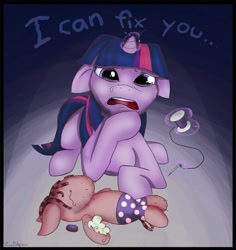 Size: 839x887 | Tagged: safe, artist:dreigun, derpibooru import, smarty pants, twilight sparkle, crying, filly, sewing