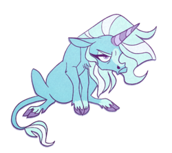 Size: 800x711 | Tagged: safe, artist:janegumball, derpibooru import, trixie, classical unicorn, pony, unicorn, blaze (coat marking), cloven hooves, colored horn, dewclaw, female, grumpy, leonine tail, mare, simple background, socks (coat marking), solo, transparent background