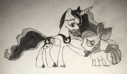 Size: 2409x1404 | Tagged: safe, artist:farley king, apple bloom, princess luna, alicorn, pony, bloom and gloom, monochrome