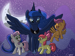 Size: 1600x1200 | Tagged: safe, artist:espeonna, apple bloom, princess luna, scootaloo, sweetie belle, alicorn, pony, bloom and gloom, cutie mark crusaders, dream walker luna, flying, moon, scootaloo can fly