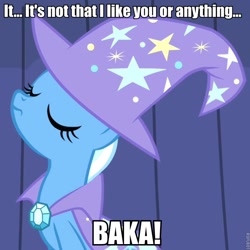 Size: 720x720 | Tagged: safe, derpibooru import, screencap, trixie, pony, unicorn, boast busters, baka, caption, female, gratuitous japanese, image macro, japanese, mare, meme, solo, trixie yells at everything, tsundere, tsunderixie