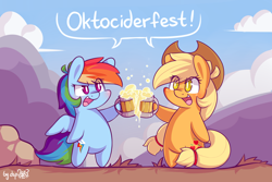 Size: 2994x2000 | Tagged: safe, artist:dsp2003, applejack, rainbow dash, earth pony, pegasus, pony, 2017, apple cider, bipedal, blushing, chibi, cider, comic, female, lifeloser-ish, oktoberfest, open mouth, single panel, style emulation