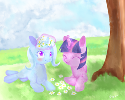 Size: 1458x1166 | Tagged: safe, artist:sion, derpibooru import, trixie, twilight sparkle, blank flank, female, floral head wreath, lesbian, shipping, twixie