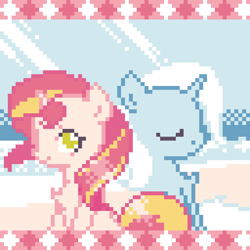 Size: 768x768 | Tagged: safe, artist:branewashpv, derpibooru import, sunset shimmer, trixie, pony, unicorn, beach, eyes closed, female, horn, looking back, mare, pixel art, sky, sun rays, water