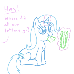 Size: 1024x1024 | Tagged: safe, artist:solarfm, derpibooru import, trixie, pony, unicorn, cute, dialogue, diatrixes, eating, female, food, glowing horn, implied starlight glimmer, inconvenient trixie, lettuce, levitation, magic, mare, offscreen character, simple background, sitting, solo, telekinesis, white background