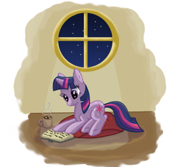 Size: 1191x1132 | Tagged: safe, artist:dragon-rider596, derpibooru import, twilight sparkle, unicorn twilight, pony, unicorn, book, chocolate, cushion, female, food, hot chocolate, mare, marshmallow, mug, night, reading, smiling, solo, window