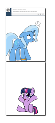 Size: 840x1856 | Tagged: safe, artist:dekomaru, derpibooru import, trixie, twilight sparkle, age regression, female, foal, lesbian, shipping, tumblr, tumblr:ask twixie, twixie