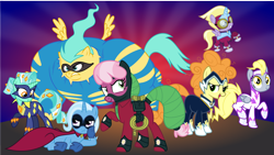 Size: 2502x1412 | Tagged: safe, artist:punzil504, derpibooru import, carrot top, cheerilee, derpy hooves, dinky hooves, fili-second, golden harvest, humdrum, lyra heartstrings, masked matter-horn, mistress marevelous, radiance, saddle rager, sunshower raindrops, trixie, zapp, clothes, costume, dinkycorn, luna six, lunaverse, power ponies, race swap