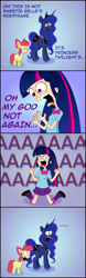 Size: 740x2385 | Tagged: safe, artist:hellarmy, apple bloom, princess luna, twilight sparkle, twilight sparkle (alicorn), alicorn, bloom and gloom, equestria girls, aaaaaaaaaa, comic, dialogue, dream walker luna, exploitable meme, human coloration, meme, take that, twiscream