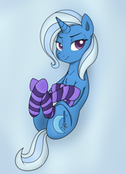 Size: 1736x2392 | Tagged: safe, artist:immatrixie, derpibooru import, trixie, pony, unicorn, clothes, female, mare, on back, socks, solo, striped socks