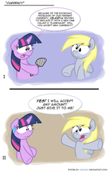 Size: 1636x2567 | Tagged: safe, derpibooru import, derpy hooves, twilight sparkle, pegasus, pony, comic, female, flyswatter, mare