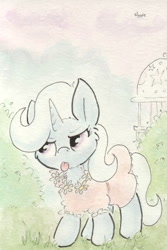 Size: 681x1018 | Tagged: safe, artist:slightlyshade, derpibooru import, trixie, pony, unicorn, clothes, dress, female, fluffy, mare, solo, tongue out, traditional art