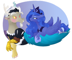 Size: 1024x854 | Tagged: safe, artist:kkitsu, discord, princess luna, alicorn, pony, blushing, crossdressing, female, floppy ears, lunacord, maid discord, male, shipping, smiling, straight, unamused