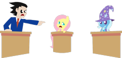 Size: 1130x540 | Tagged: safe, artist:mrponiator, derpibooru import, fluttershy, trixie, human, ace attorney, courtroom, crossover, crying, phoenix wright, pointy people, pointy ponies, simple background, transparent background, turnabout storm