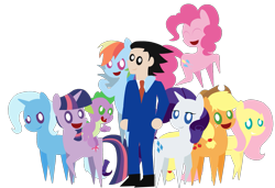 Size: 1327x906 | Tagged: safe, artist:mrponiator, derpibooru import, applejack, fluttershy, pinkie pie, rainbow dash, rarity, spike, trixie, twilight sparkle, human, ace attorney, crossover, ending, mane seven, mane six, phoenix wright, pointy people, pointy ponies, simple background, transparent background, turnabout storm