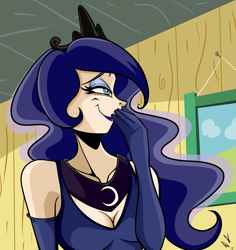 Size: 2300x2440 | Tagged: safe, artist:frankaraya, princess luna, human, bloom and gloom, cleavage, clothes, evening gloves, female, humanized, lipstick, scene interpretation, smiling, smugluna, solo