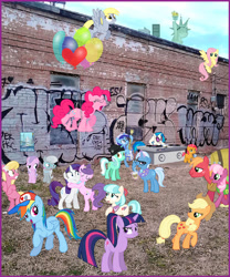 Size: 660x793 | Tagged: safe, artist:drpain, derpibooru import, applejack, babs seed, big macintosh, cheerilee, coco pommel, derpy hooves, diamond tiara, dj pon-3, fluttershy, lily, lily valley, lyra heartstrings, minuette, pinkie pie, rainbow dash, rarity, silver spoon, suri polomare, trixie, twilight sparkle, vinyl scratch, earth pony, pegasus, pony, unicorn, art theft, balloon, block party, cider, irl, male, mane six, manehattan, meme, party, photo, ponies in real life, stallion