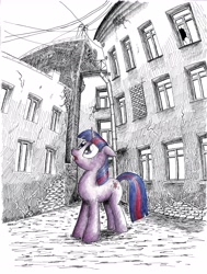 Size: 3510x4644 | Tagged: safe, artist:mcstalins, derpibooru import, twilight sparkle, pony, unicorn, absurd resolution, city, partial color, pony on earth, russia, saint petersburg, solo, style emulation, traditional art