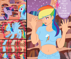 Size: 800x662 | Tagged: safe, artist:stardragon77, derpibooru import, rainbow dash, twilight sparkle, belly button, comic, humanized, magic, midriff, pony to human, transformation