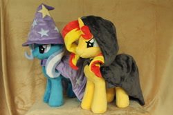 Size: 2256x1504 | Tagged: safe, artist:whitedove-creations, derpibooru import, sunset shimmer, trixie, pony, unicorn, cloak, clothes, irl, photo, plushie