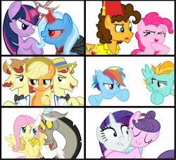 Size: 1921x1754 | Tagged: safe, derpibooru import, applejack, boneless, cheese sandwich, discord, flam, flim, fluttershy, lightning dust, pinkie pie, rainbow dash, rarity, suri polomare, trixie, twilight sparkle, twilight sparkle (alicorn), alicorn, earth pony, pegasus, pony, unicorn, pinkie pride, alicorn amulet, antagonist, female, flim flam brothers, mane six, mare, rivalry