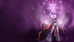 Size: 1920x1080 | Tagged: safe, artist:atryl, derpibooru import, twilight sparkle, anthro, unguligrade anthro, bra, clothes, glowing eyes, loincloth, mage, robe, solo, underwear