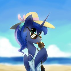 Size: 1200x1200 | Tagged: safe, artist:anticular, princess luna, alicorn, pony, alternate hairstyle, ask sunshine and moonbeams, beach, bipedal, clothes, cute, hat, hoof hold, ice cream, ice cream cone, licking, looking at you, open mouth, ponytail, shirt, solo, sunglasses, tongue out
