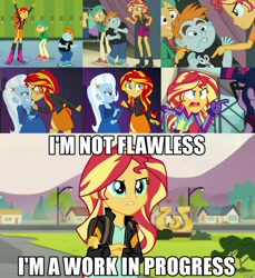 Size: 1801x1964 | Tagged: safe, derpibooru import, screencap, sci-twi, snails, snips, sunset shimmer, trixie, twilight sparkle, better together, equestria girls, equestria girls (movie), friendship games, rainbow rocks, rarity investigates: the case of the bedazzled boot, angry, comparison, flawless, image macro, meme, pointing, truth, we're not flawless