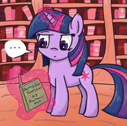 Size: 700x694 | Tagged: safe, artist:manicpanda, derpibooru import, twilight sparkle, pony, unicorn, ..., book, bookshelf, female, implied rainbow dash, magic, mare, raised eyebrow, reading, solo, speech bubble, telekinesis