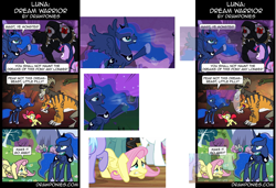 Size: 1024x699 | Tagged: safe, chimera sisters, fluttershy, princess luna, alicorn, chimera, earth pony, parasprite, pegasus, pony, unicorn, comic, female, filly, mare, multiple heads, three heads, trace