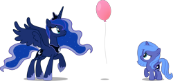 Size: 6004x2818 | Tagged: safe, artist:zacatron94, princess luna, alicorn, pony, absurd resolution, balloon, duality, filly, self ponidox, simple background, time paradox, transparent background, woona