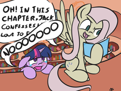 Size: 4000x3000 | Tagged: safe, artist:manicpanda, derpibooru import, fluttershy, twilight sparkle, pegasus, pony, unicorn, blushing, book, crying, discorded, duo, female, floppy ears, flutterbitch, golden oaks library, mare, reading, sitting, spoiler, spread wings, wings