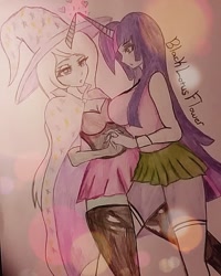 Size: 960x1200 | Tagged: safe, artist:blacklotusflower23, derpibooru import, trixie, twilight sparkle, human, female, humanized, lesbian, ponied up, shipping, traditional art, twixie