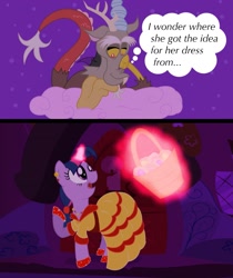 Size: 1675x1994 | Tagged: safe, artist:cartuneslover16, derpibooru import, discord, twilight sparkle, beauty and the beast, clothes, discolight, dress, fanfic, female, male, shipping, story included, straight