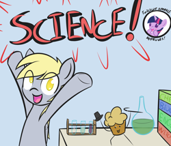 Size: 3000x2569 | Tagged: safe, artist:manicpanda, derpibooru import, derpy hooves, twilight sparkle, pegasus, pony, book, cane, cute, female, flask, happy, hat, high res, hooves in air, looking at you, mare, muffin, open mouth, science, smiling, solo, that pony sure does love science, top hat, vial, wat