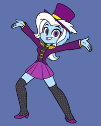 Size: 2800x3500 | Tagged: safe, artist:khuzang, derpibooru import, trixie, better together, equestria girls, street magic with trixie, animatic, blue background, clothes, commission, cute, diatrixes, hat, high heels, leggings, pleated skirt, pony history, shoes, simple background, skirt, socks, solo, stockings, storyboard, street magic, thigh highs, top hat