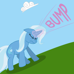 Size: 1280x1280 | Tagged: safe, artist:solarfm, derpibooru import, trixie, pony, unicorn, blue background, bump, cloud, eyes closed, female, floppy ears, frown, glowing horn, magic, mare, reaction image, simple background, sky, solo, text, wat