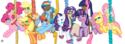 Size: 1262x450 | Tagged: safe, artist:mt, derpibooru import, applejack, fluttershy, pinkie pie, rainbow dash, rarity, twilight sparkle, bridle, carousel, glasses, human ponidox, humanized, mane six, merry-go-round, saddle