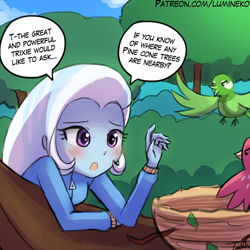 Size: 750x750 | Tagged: safe, artist:lumineko, derpibooru import, trixie, bird, a little birdie told me, better together, equestria girls, bird nest, cute, dialogue, diatrixes, nest, pinecone, speech bubble, tree, tree branch, trixie eating pinecones