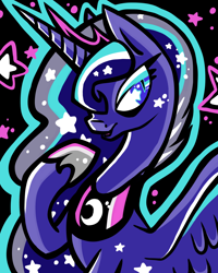 Size: 1024x1280 | Tagged: safe, artist:okapifeathers, princess luna, alicorn, pony, ethereal mane, raised hoof, solo, starry eyes, starry mane, wingding eyes