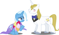 Size: 4185x2517 | Tagged: safe, artist:tsabak, derpibooru import, prince blueblood, trixie, bluetrix, blushing, female, flower, male, shipping, straight